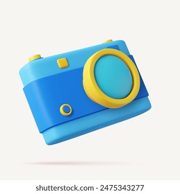 3D Photo camera icon with lens and button. Professional device for capturing events and travel locations. 3d rendering. Vector illustration