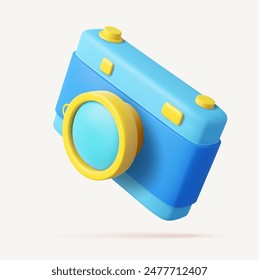 3D-Fotokamera-Symbol mit Objektiv und Button. Professionelle Vorrichtung zur Erfassung von Ereignissen und Reiseorten. 3D-Rendering Vektorillustration