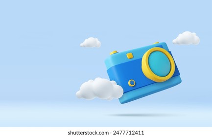 3D Photo camera icon with lens and button. Professional device for capturing events and travel locations. 3d rendering. Vector illustration