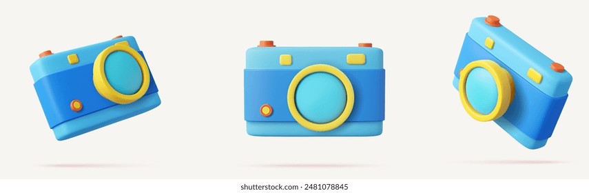 3D Photo camera icon with lens and button. Professional device for capturing events and travel locations. 3d rendering. Vector illustration