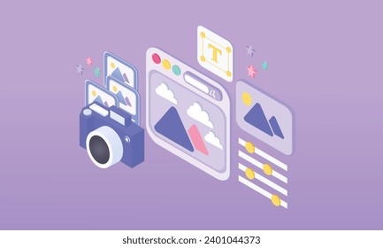 3D Photo Editing Software Screen and UI-UX design Concept, website design layout interface.3d handmade.3d goal for technology,business,study illustration.