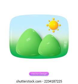 3d photo icon. Image, jpg file. Sun and mountains landscape. Picture in a frame. Cartoon minimal style. 3D Vector Illustration.