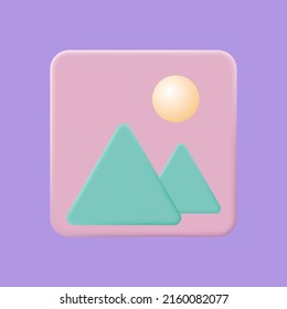 3D-Bildsymbol, Vektorgrafik. Bild, Foto, JPG-Datei. Berge und Sonnenlandschaft. Bild in einem Rahmen. 3D-Vektorsymbol-Illustration.