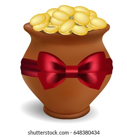 3d photo realistic clay pot on a white background with a red bow of satin.Clay pot with coins. St.Patrick 's Day