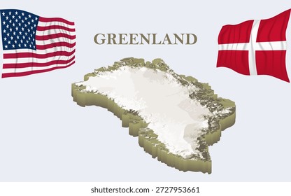 Mapa físico 3D da Groenlândia entre as bandeiras da Dinamarca e dos Estados Unidos.