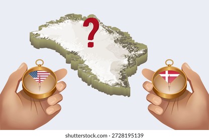 O mapa físico 3D da Groenlândia está entre duas mãos, na qual a bússola com duas direções apontando para as bandeiras dos Estados Unidos e da Dinamarca.