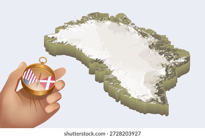 Um mapa físico 3D da Groenlândia e uma mão segurando uma bússola, cuja agulha está localizada entre as bandeiras dos Estados Unidos e da Dinamarca.