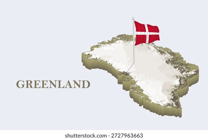 Mapa físico 3D da Groenlândia com uma grande bandeira dinamarquesa no mastro da bandeira no centro.Vista superior