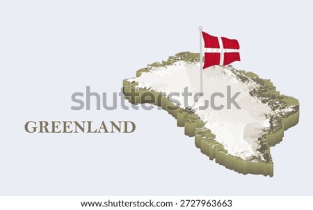 3D physical map of Greenland with a large Danish flag on the flagpole in the center.Top view