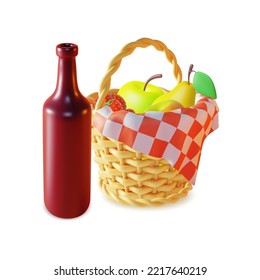 3d Picnic Basket and Red Wine Bottle Set Plasticine Cartoon Style. Vector illustration of Summer Outdoor Lunch