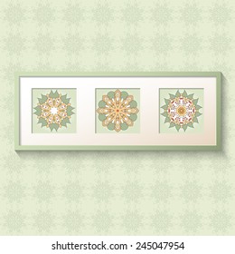 3D picture frame design vector with floral ornaments. Realistic template square photo frames with shadow. Triptych.