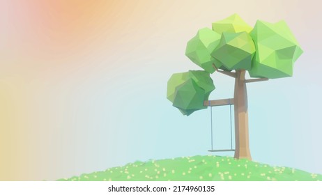 
3d picture on the background of a large tree with swings at sunrise and sunset.