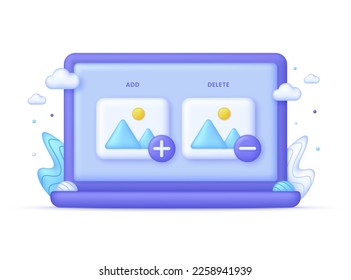 3D Picture with plus and minus on Computer. Add or delete image in gallery. Picture, jpg file, photo icon. Gallery icon. Mountains and sun. Trendy and modern vector in 3d style.