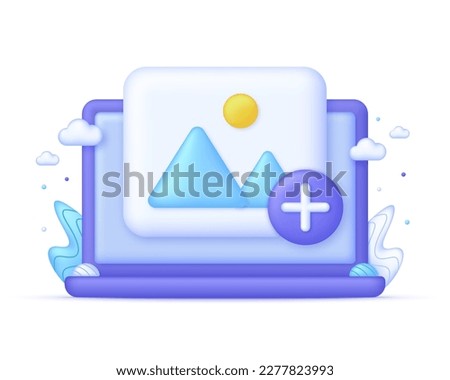 3D Picture with plus sign on Computer. Add or delete image in gallery. Picture, jpg file, photo icon. Gallery icon. Mountains and sun. Trendy and modern vector in 3d style.
