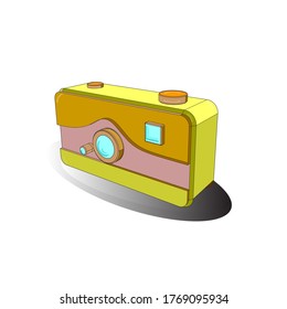 3D. Picture in white, gray and yellow colors. Vector. Hanging retro camera. Isometry.