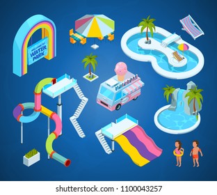 3D Pictures Of Water Park Attractions. Vector Isometric Slide And Amusement, Illustration Activity Entertainment