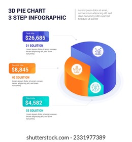 3D Pie Chart 3 Step Infographic, vector template for Business, finance, market share, etc presentation