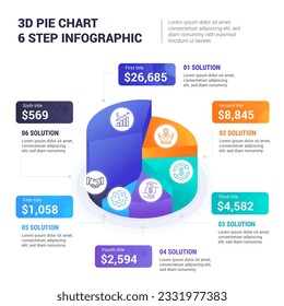 3D Pie Chart 6 Step Infographic, vector template for Business, finance, market share, etc presentation