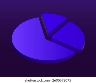3D pie chart. A blue segmented diagram with an extracted slice on a dark background. Business analytics, financial statistics, data visualization, market research, and performance tracking