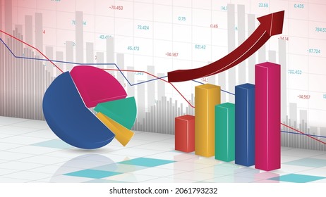 3d pie chart and business graph statistics with trading background, vector illustration