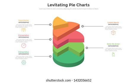 3d pie chart or comparison diagram with 5 colorful levitating layers. Concept of five levels or stages of business project. Realistic infographic design template. Modern vector illustration for report