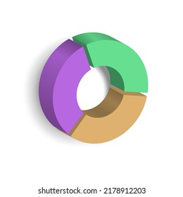 El gráfico circular 3d se divide en partes. Infografía geométrica realista de 3 partes para presentación de negocios, diseño de datos financieros, informe. Plantilla de gráfico de negocios. Ilustración del vector