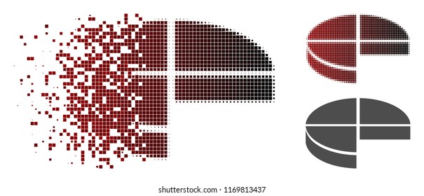 3d pie chart icon in sparkle, pixelated halftone and undamaged entire versions. Pieces are grouped into vector disappearing 3d pie chart icon.