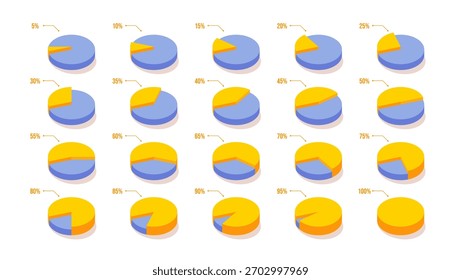 Conjunto de infografías de gráficos circulares 3D con segmentos de datos circulares que van del 5% al 100%. Diagramas de Vector modernos para estadísticas, paneles de análisis, presentaciones, informes.