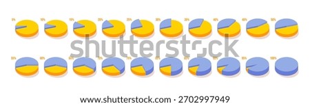 3D pie chart infographic set featuring circular data segments ranging from 5% to 100%. Modern vector diagrams for statistics, analytics dashboards, presentations, reports.