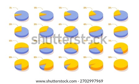 3D pie chart infographic set featuring circular data segments ranging from 5% to 100%. Modern vector diagrams for statistics, analytics dashboards, presentations, reports.