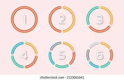 3d Pie Chart Set With Numbers. Circle Graph, Diagram, Wheel. Circular Infographic With 1, 2, 3, 4, 5, 6 Section, Slice Or Parts. Business Presentation Elements. Vector Illustration.