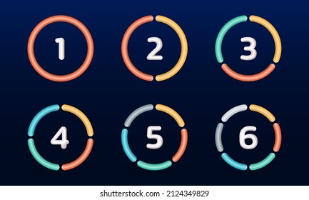 3d Pie chart set with numbers. Circle graph, diagram, wheel. Circular infographic with 1, 2, 3, 4, 5, 6 section, slice or parts. Business presentation elements. Vector illustration.