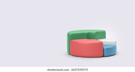 3D Pie Chart With Soft Rounded Segments in Colorful Design, Ideal for Crypto Analytics, Business Reports, Market Share Visualization, or Data Infographics. Vector Illustration.