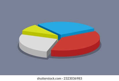 3D-Kuchendiagramm in vier verschiedene Segmente aufgeteilt. Vektorgrafik stellt das Konzept von Statistik, Verhältnis, Umfrage, finanzieller Aufschlüsselung, Datenanalyse und prozentualer Berichterstattung dar. 