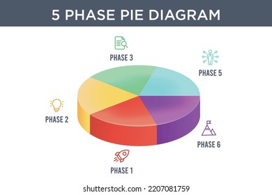 3D Pie Chart Statistics Infographic With Different Colors. 5 Phase Diagram Vector Illustration For Business Financial Report.