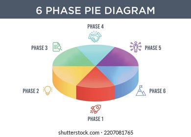 3D Pie Chart Statistics Infographic With Different Colors. 6 Phase Diagram Vector Illustration For Business Financial Report.