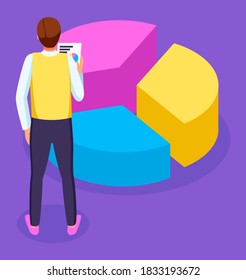 3d pie diagram, pie chart. Worker manager employee with paper in hand. Isometric infographics. Financial strategy. Visual presentation. Analysis info, statistic. Digital marketing. Sliced diagram