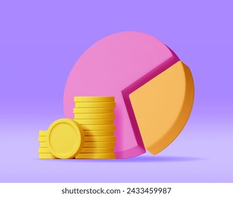 3D Pie Diagram with Golden Coins Isolated. Render Stock Pie with Money Shows Growth or Success. Financial Item, Business Investment, Financial Market Trade. Money and Banking. Vector Illustration