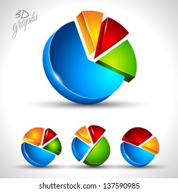 3d pie diagram for infographic or percentage data display. 4 different graph with high contrast colors