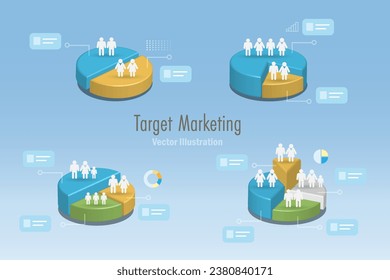 3D pie graph infographic of consumer target marketing, customer segmentation, family population and branding concept. Business analysis research with data ratio percentage and market share. Vector.