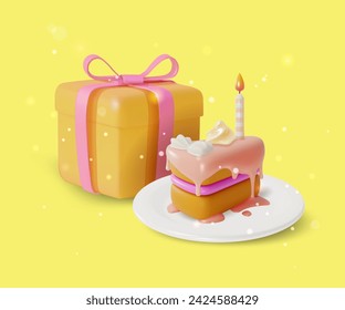 3d Piece Birthday Cake with Candle and Gift Box Cartoon Style Present for Anniversary. Vector illustration