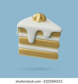 3d piece of birthday cake. Cute cartoon glossy plastic birthday party or Christmas dessert icon. Elegant white and gold three dimensional holiday design element. Vector illustration.