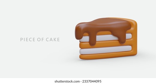 3D piece of cake in cartoon style. Sweet pastry with cream and chocolate glaze. Concept for confectionery, cafe, sweet shop. Festive content, illustration, place for text