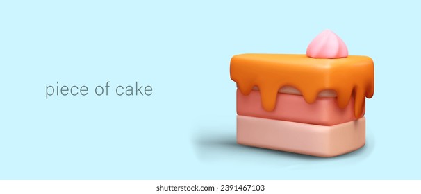 trozo de tarta 3D con capas de diferentes colores. El postre está acompañado de una crema batida. Una porción de bollería dulce. Degustación en confitería. Concepto comercial sobre fondo azul