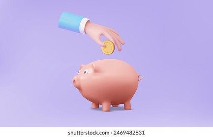 3D pig piggy bank deposit money savings earning income bank fund Hand holding on purple background. business education safe financial services profit investment, Eps 10 vector, 3d render illustration