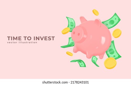 3d pig piggy bank, gold coins and dollar banknotes in flight. realistic vector illustration. the concept of accumulation, investment, money management, payment for purchases, loans.