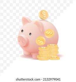 3d piggy bank with coin isolated on white background