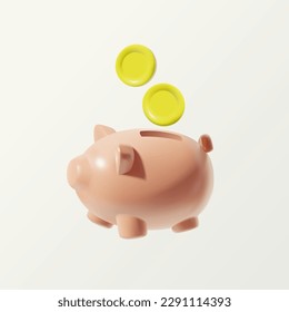 3D piggy bank with coin isolated on white background.