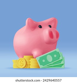 3D Piggy Bank with Coins and Banknotes. Render Plastic Piggy Bank for Money. Moneybox in Form of Pig. Concept of Cash Money, Business Deposit Investment, Financial Savings. Vector Illustration