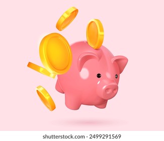 3d piggy bank with coins flying into it. Concept of accumulation, savings and making money. Pink glass pig. Vector illustration